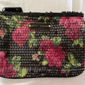 Betsey Johnson Black and Pink Floral Cosmetic Bag